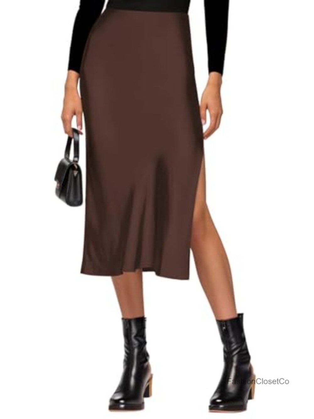 Satin High Waisted Midi Skirt Side Slit Casual Women's Skirt